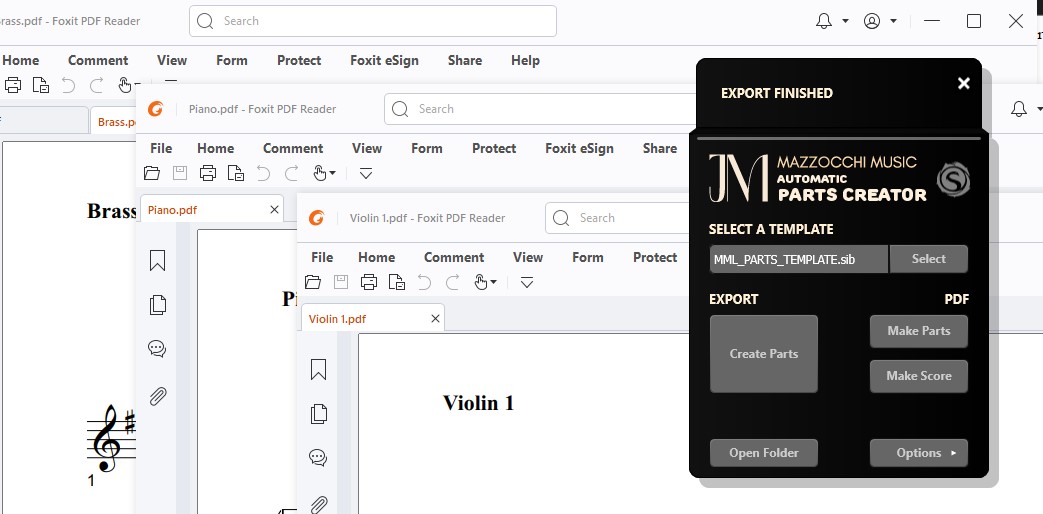 PDF export for parts and score